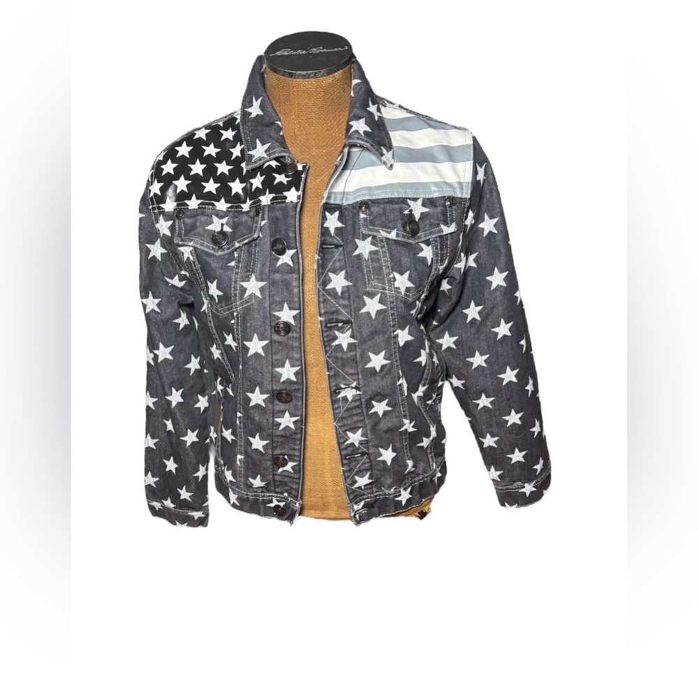 Akademiks Vintage Trucker Star-Patterned Denim Jacket - Black and White